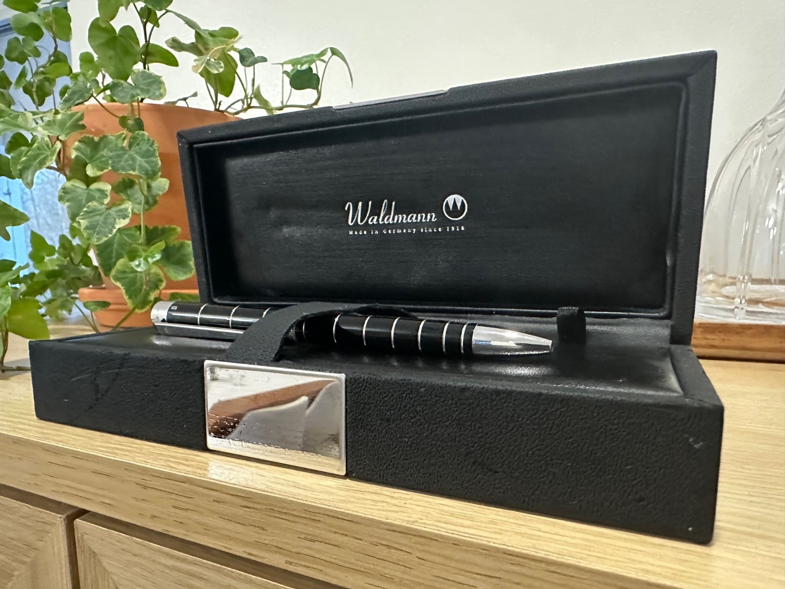 Waldmann 925 Sterling Silver Ballpoint Pen – Black Lacquer with Silver Spiral Ri