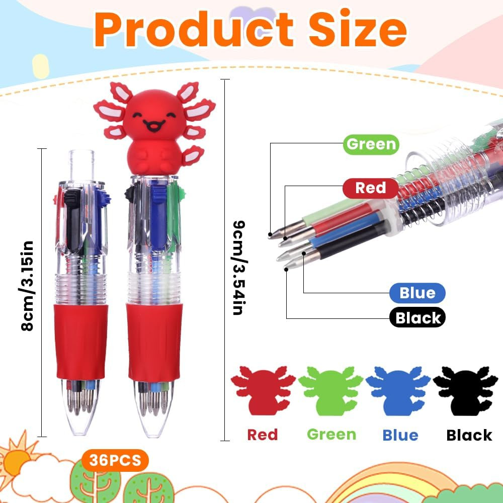 36Pcs Fun Party Favor Pens Axolotl Mini Multicolor Pens in One 4-In-1 Bulk Kawai