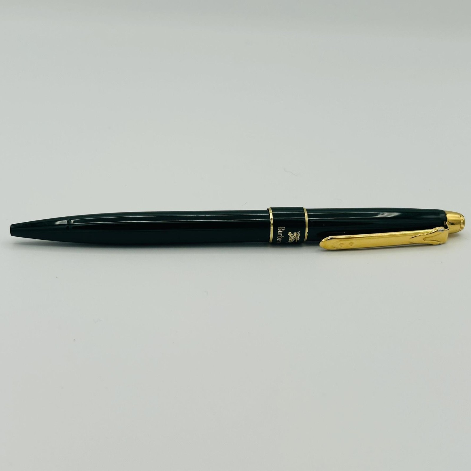 VINTAGE Burberrys Green Metal Ballpoint Pen Gold Trim Black Ink Logo Clip RARE