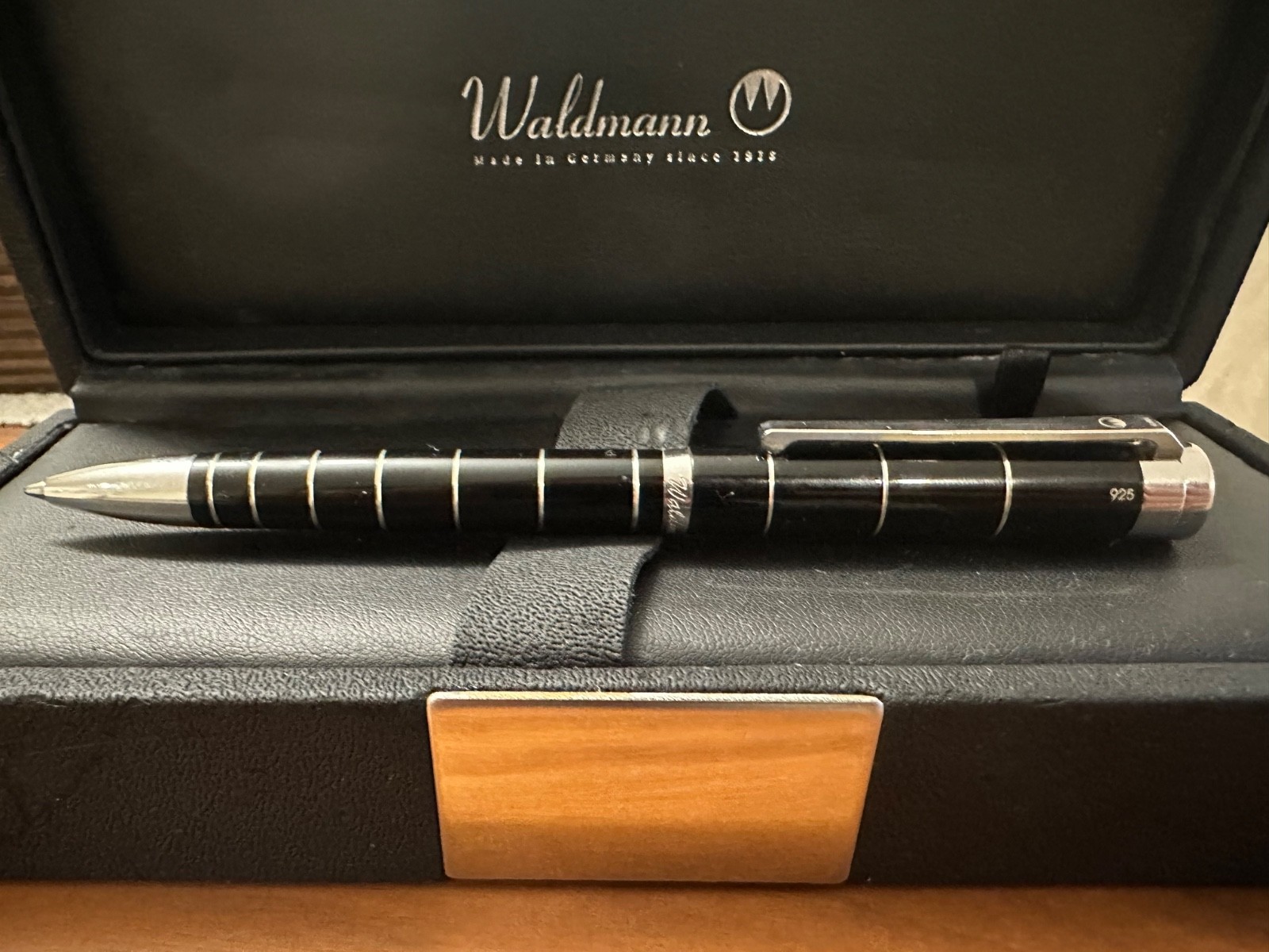 Waldmann 925 Sterling Silver Ballpoint Pen – Black Lacquer with Silver Spiral Ri