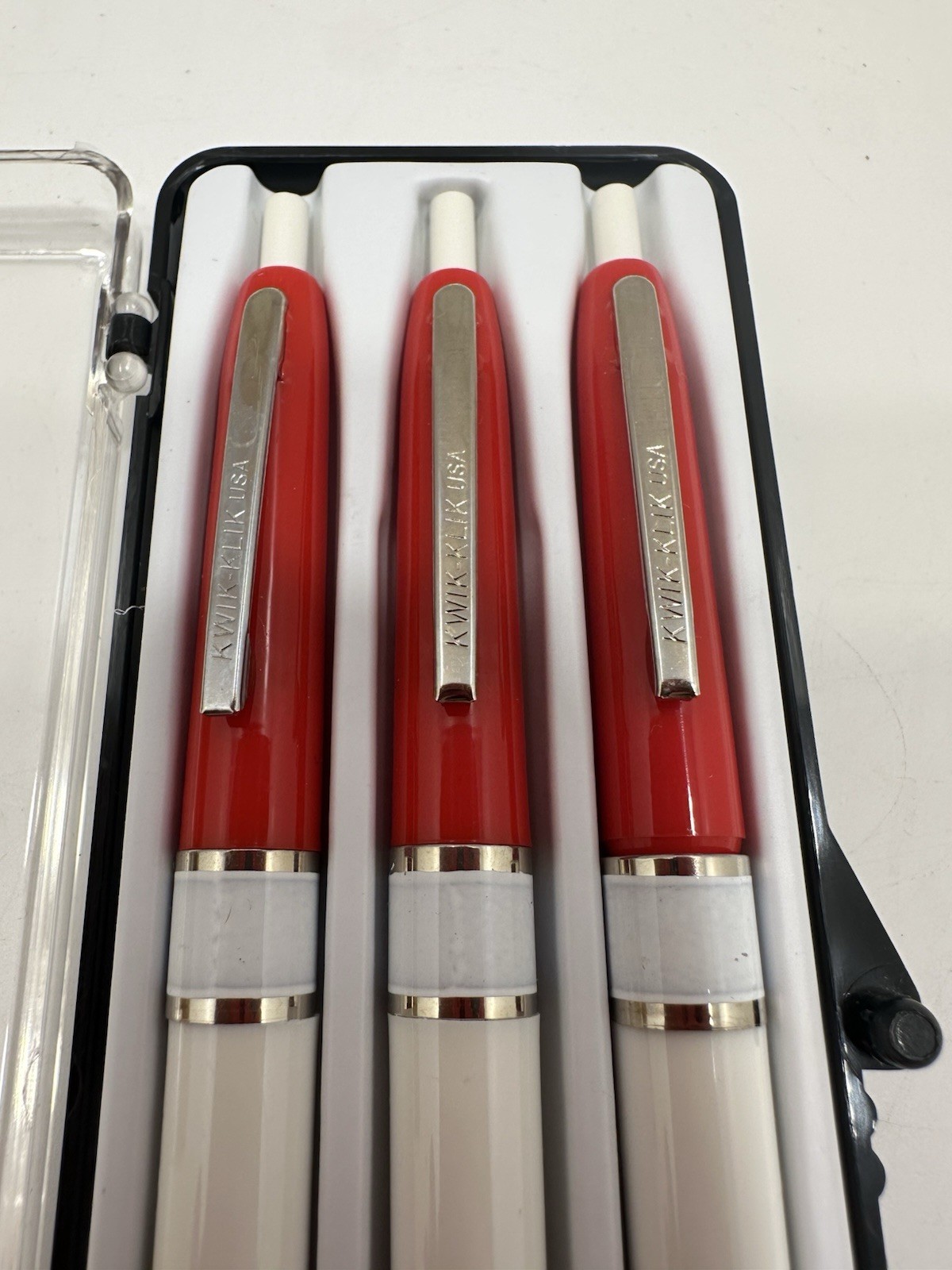 VINTAGE *NEW* Set of 3 Kwik Klik Ballpoint Pens in Case Red/White USA