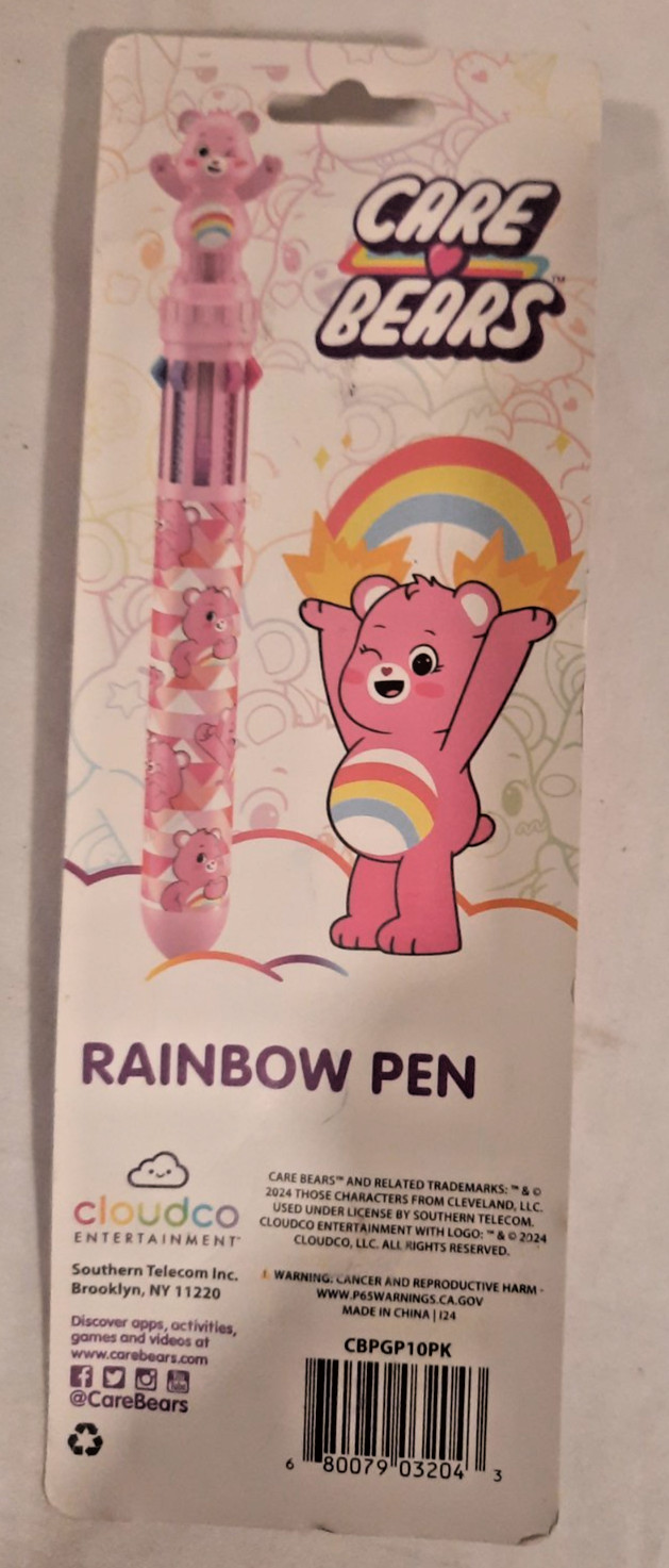 CARE BEARS RAINBOW PEN PINK WITH 10 FUN COLORS. CHEER BEAR ON TOP BRAND NEW
