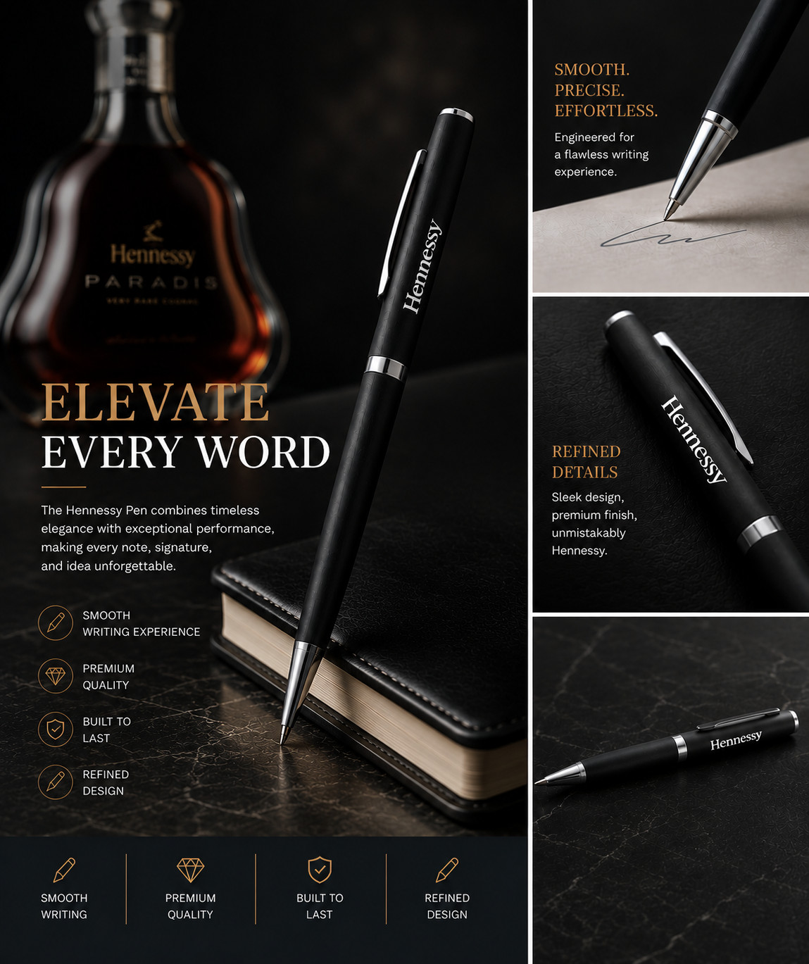 Hennessy Cognac Ballpoint Black Ink Pen – Black & Silver Collectible New Sealed