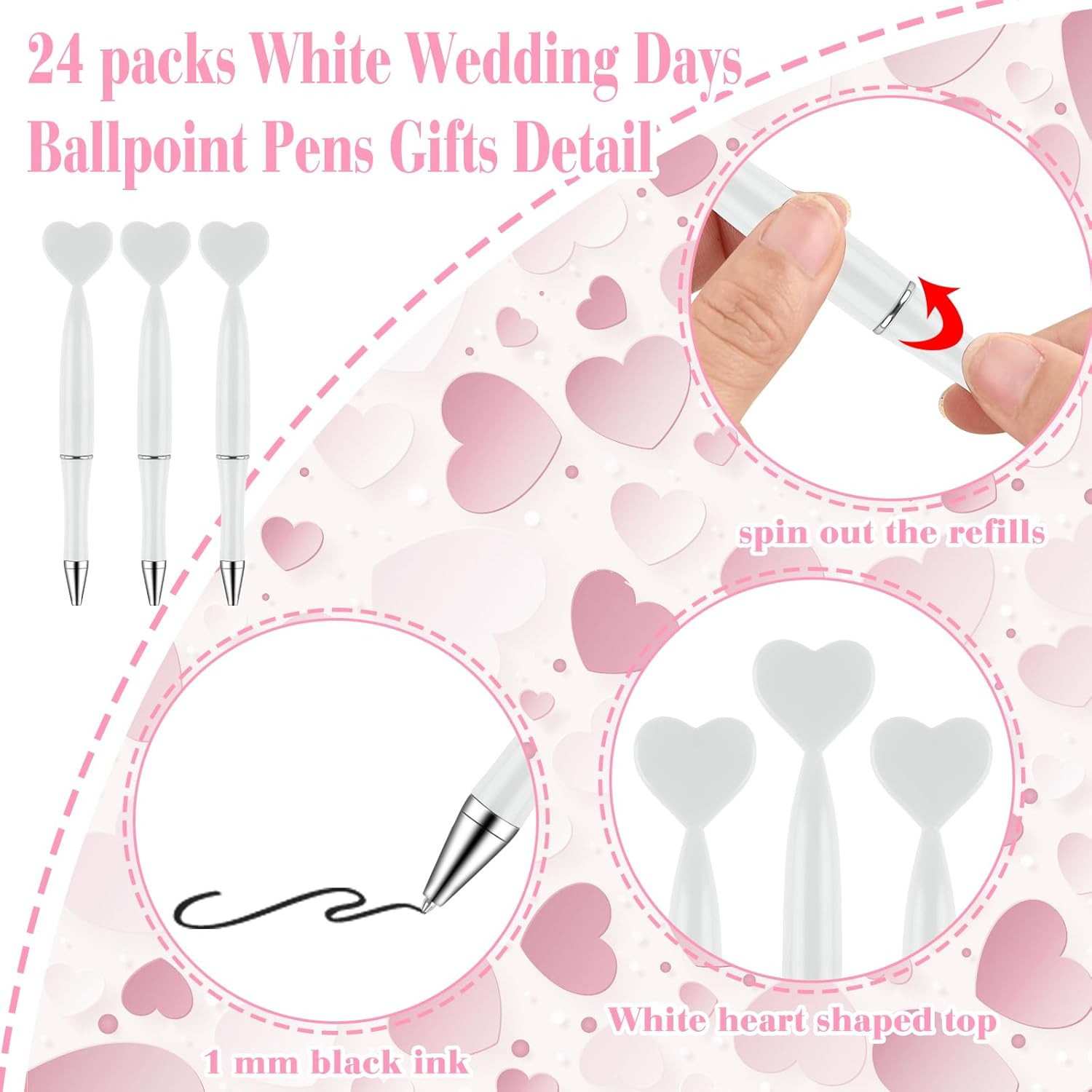 24 PCS Wedding Party Pens White Heart Black Gel Ink Office School Supplies