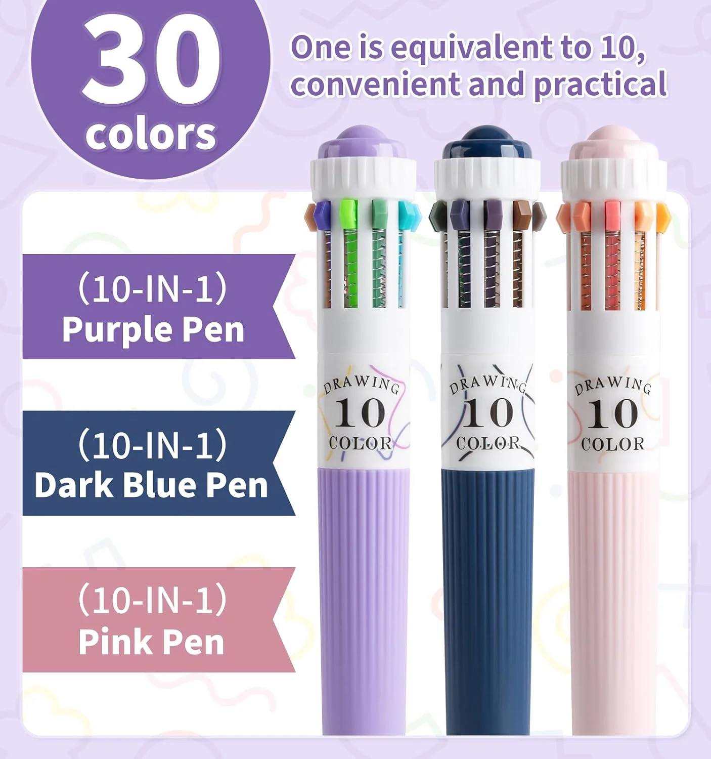 3 Pack Multicolor Pens, 10-in-1 Colored Ballpoint Pen, 28 Colors | 0.8mm Fine Po