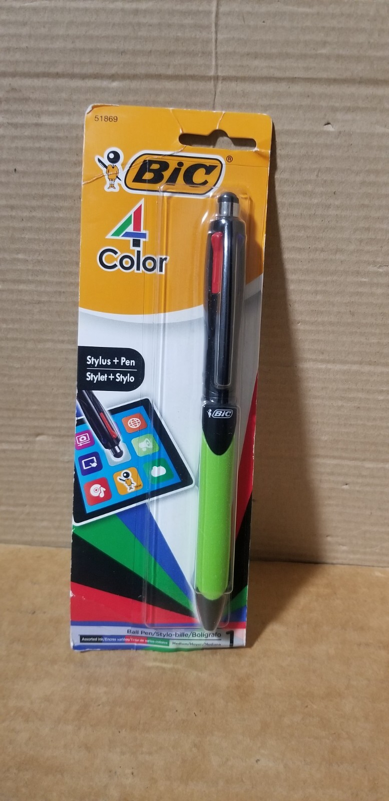 BIC 4 Color Stylus + Ball Pen Grip Medium Point Black Red Green Blue, New sealed