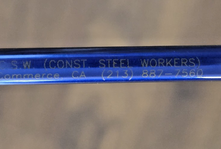 Vintage Alder CSW Const Steel Workers CA Advertising Pen Blue Gold Globe Logo
