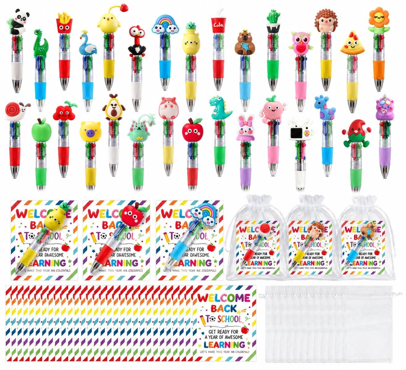 30 Pack 4-in-1 Multicolor Cute Pens for School, Office & Gifts – Retractable Fun