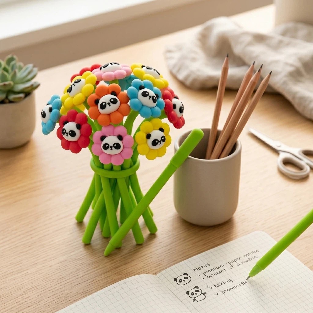 12pcs Panda Flower Wobble Pens Black Ink 0.5mm Cute Silicone Gel Pens Kids