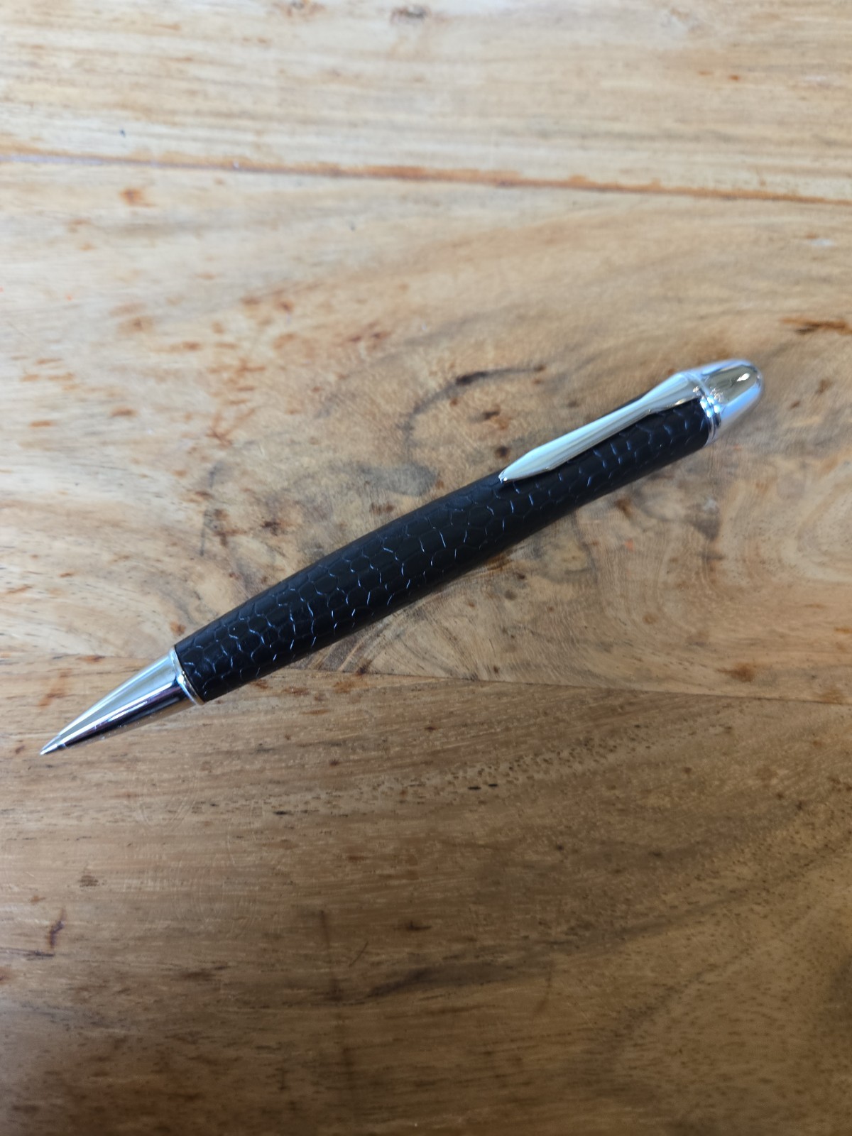 YAFA LATURIA Black LEATHER COVERED BALLPOINT PEN Ink CHROME TRIM FINE BLACK