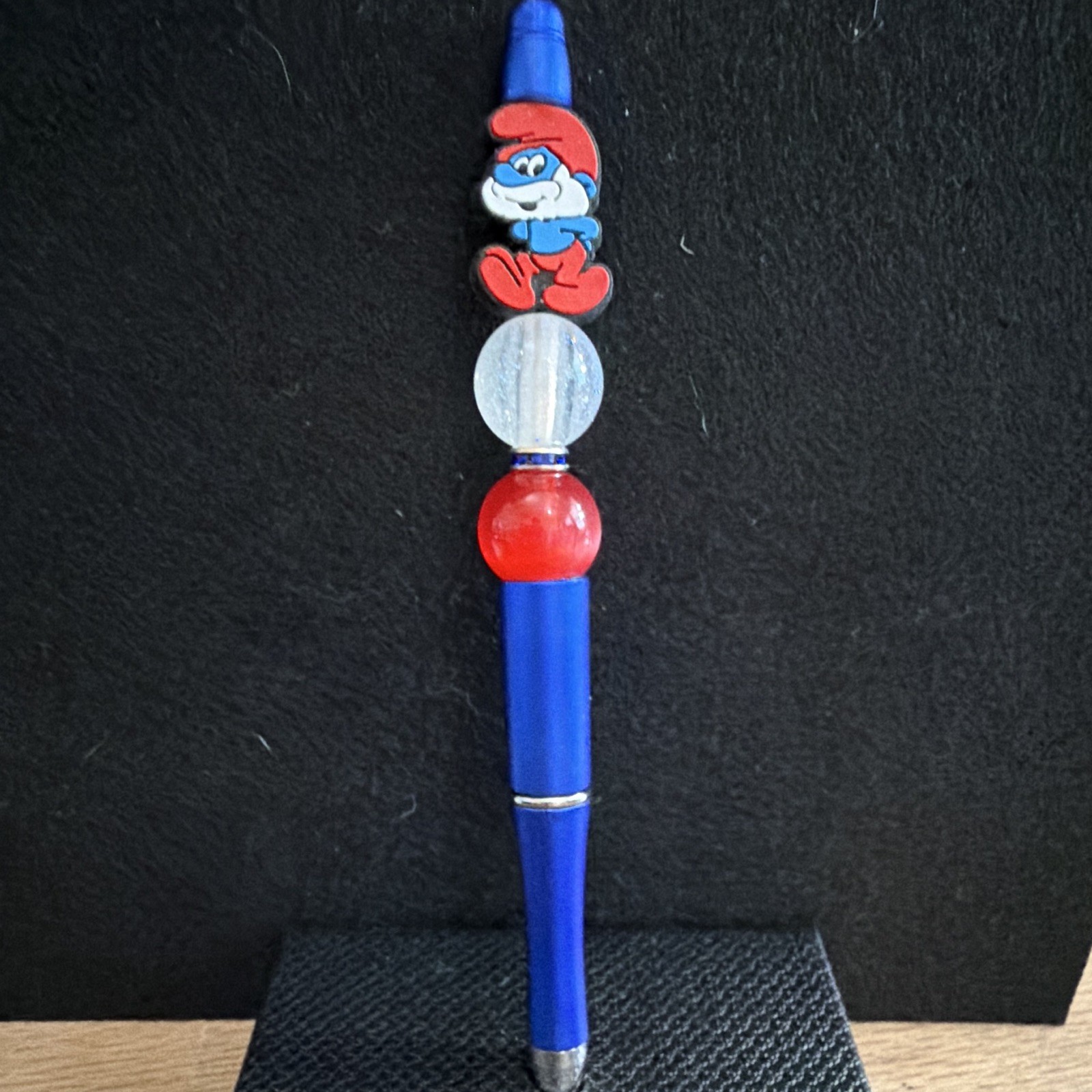 Blue Plastic Novelty Ballpoint Pen w/ papa Smurf Character Bead, Black Ink