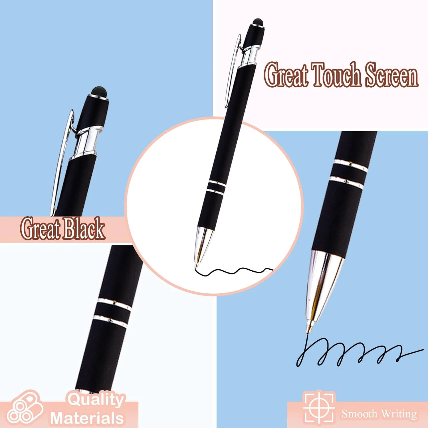 PASISIBICK 12 Pieces Black Ballpoint Pen with Stylus Tip, 2 in 1 Stylus Stylish