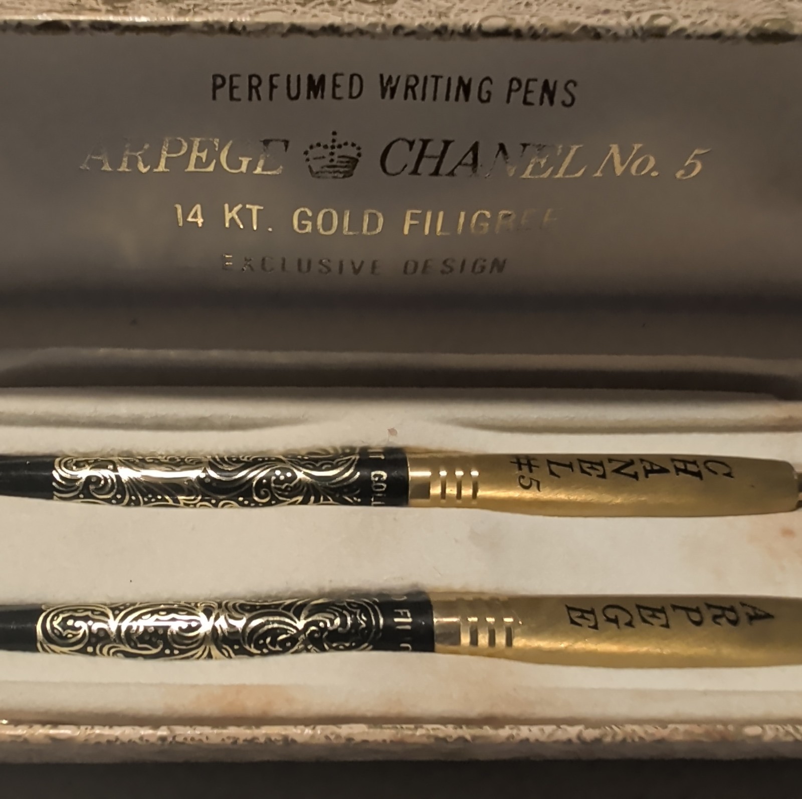 Vintage Chanel No.5 Arpege 14K Gold Filigree Perfumed Ballpoint Pen Set in Box