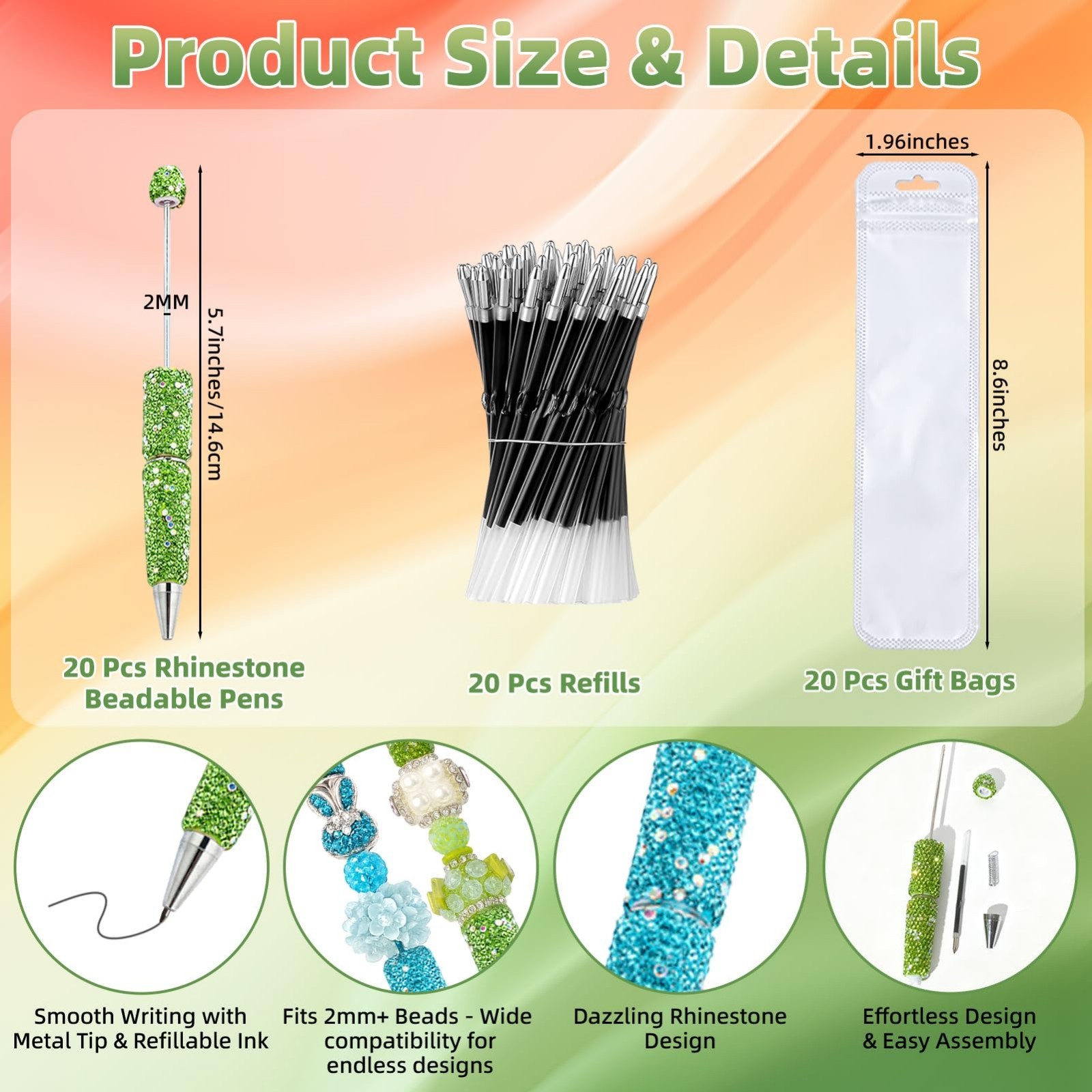 60 Pcs Beaded Pens Set with Refills & Bags – DIY Craft Supplies for School & Off