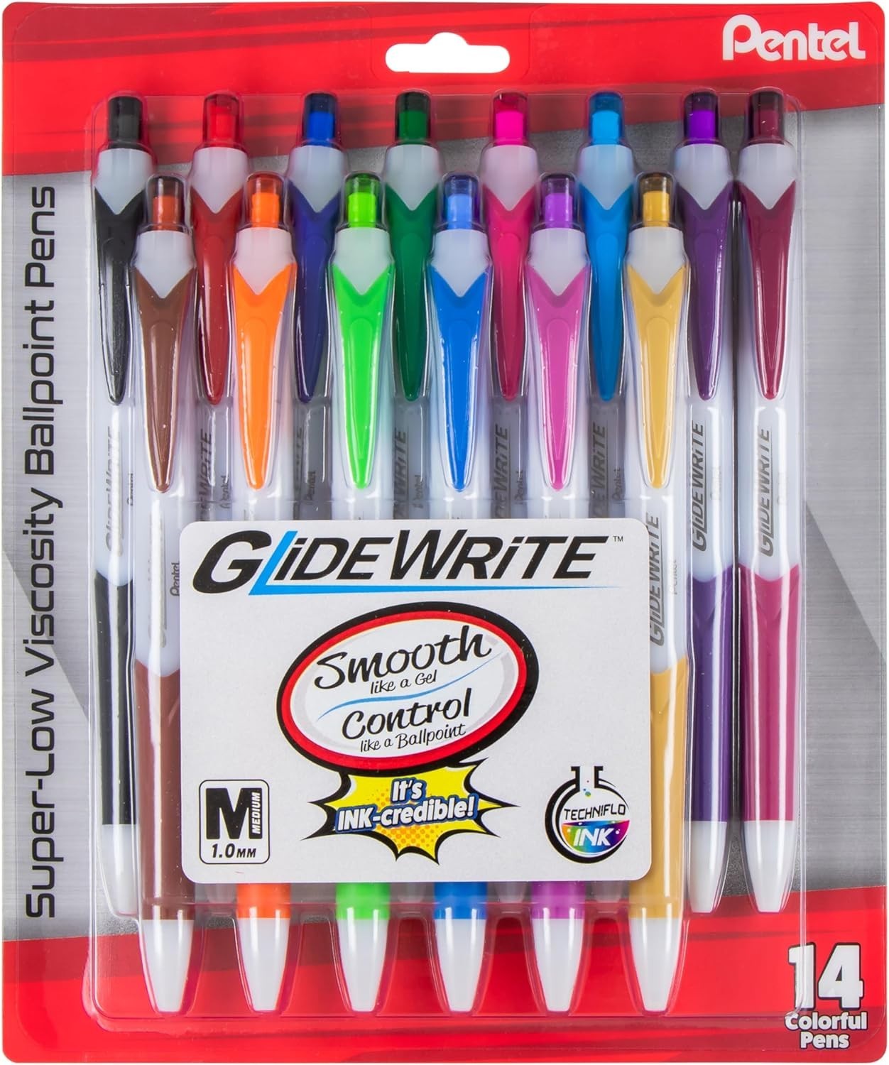 14 Assorted Ink GlideWrite Pens, Retractable & Comfortable Grip for All Ages