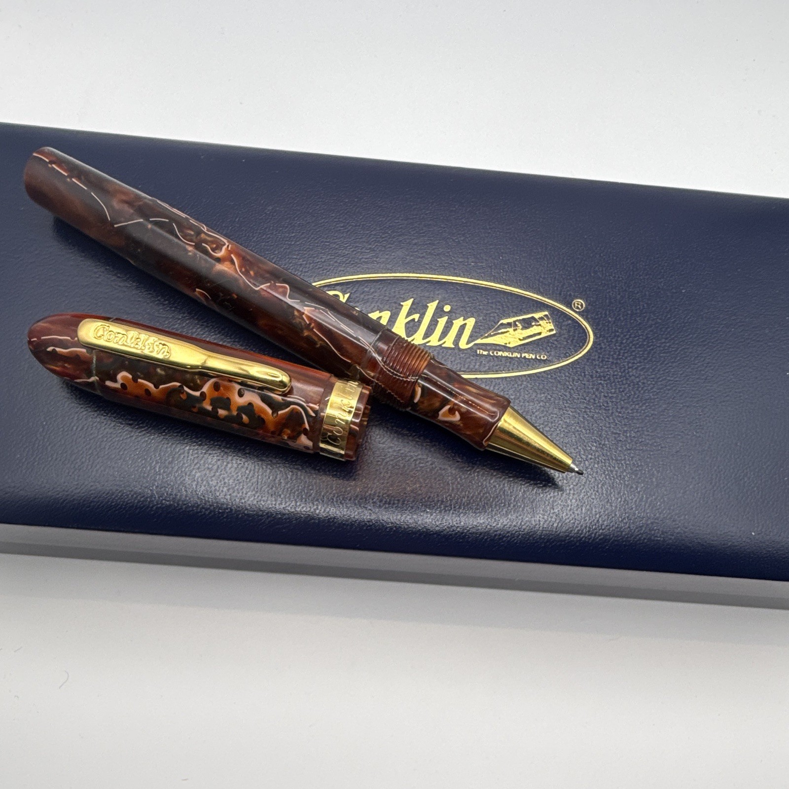 Conklin Brown Marbled Resin Ballpoint Pen Gold Trim Black Ink w/ Box