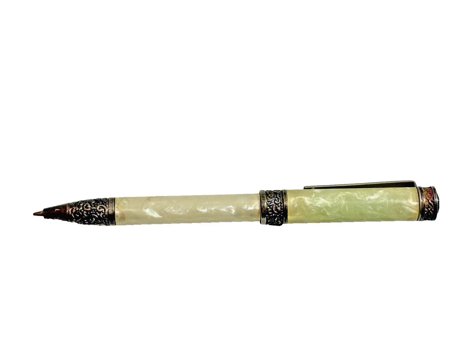 Vintage Celluloid Twist Ballpoint Pen Ornate Metalwork Heavy 5.5″ w Rust Yellow