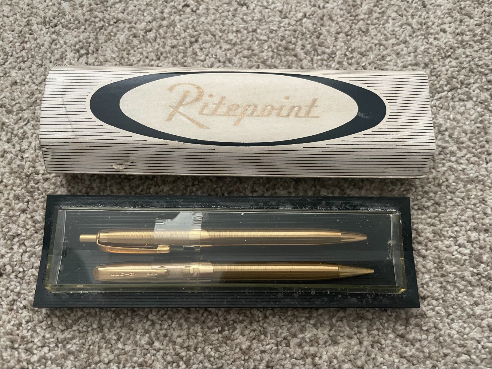 Vintage Ritepoint Gold Ballpoint Pen Pencil Set w/Plastic Case & «Showcase» Pckg