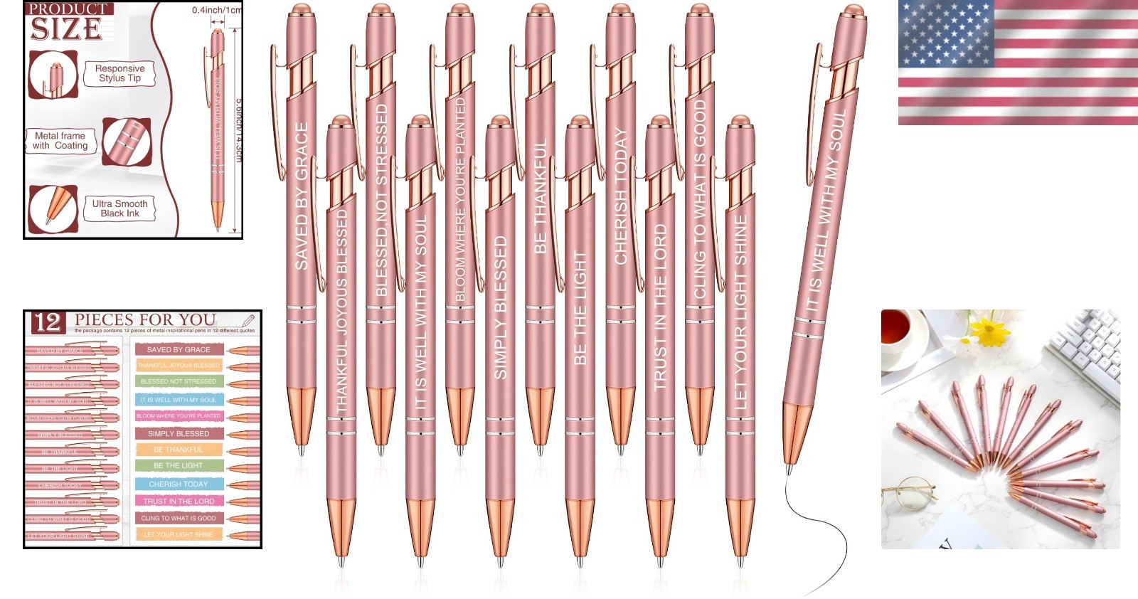 Ergonomic Inspirational Pens – 12 Pcs Black Ink Ballpoint Set with Stylus