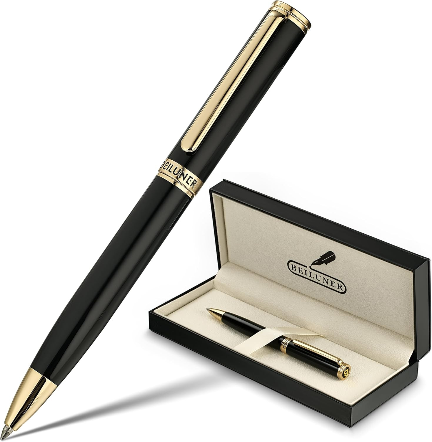 BEILUNER Luxury Gel Pen with 24K Gold Finish, Black Piano Lacquer, Luxury Grade