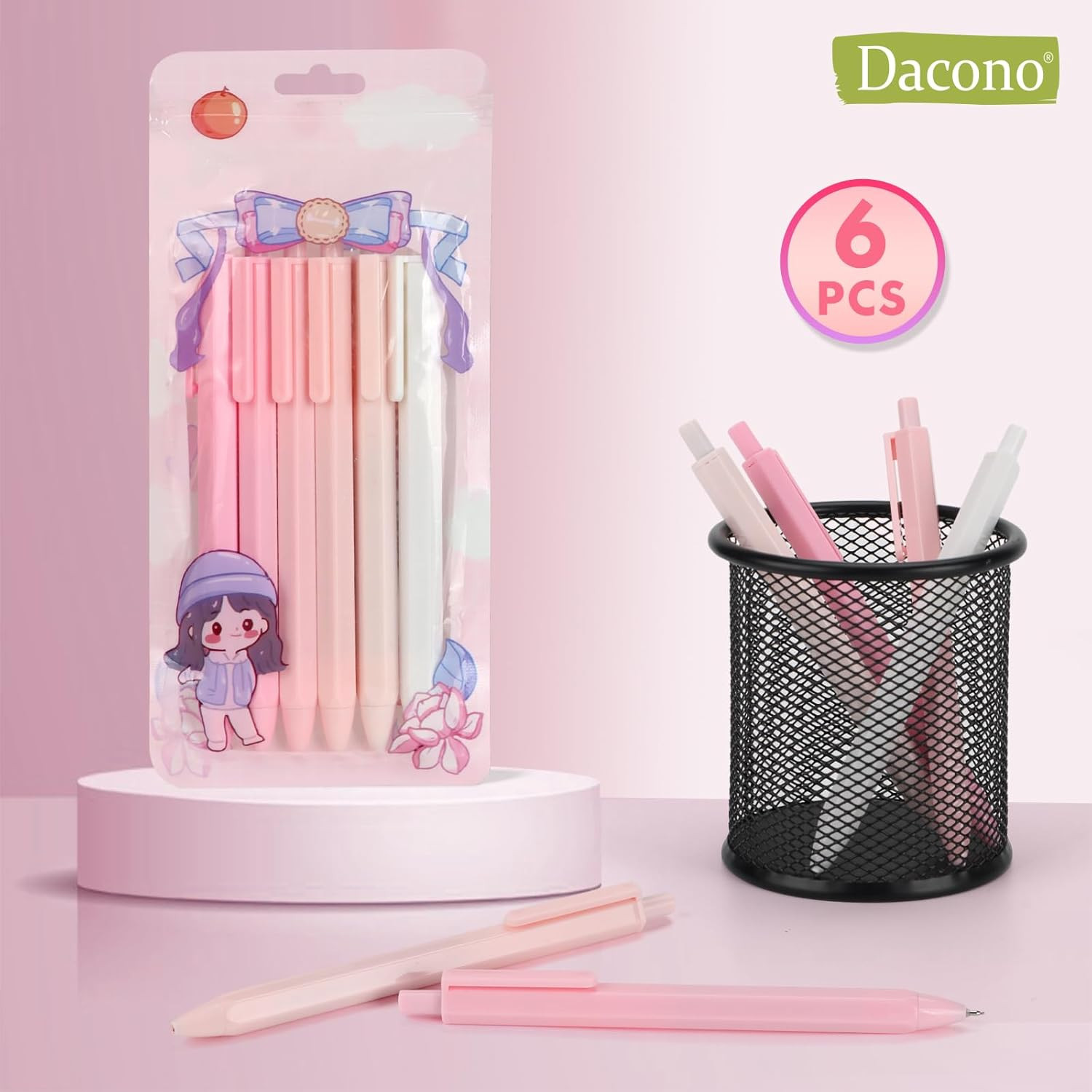 Aesthetic Ballpoint Pens – Macaron Pink Pastel Roller Ball Pens, 0.5Mm Retractab