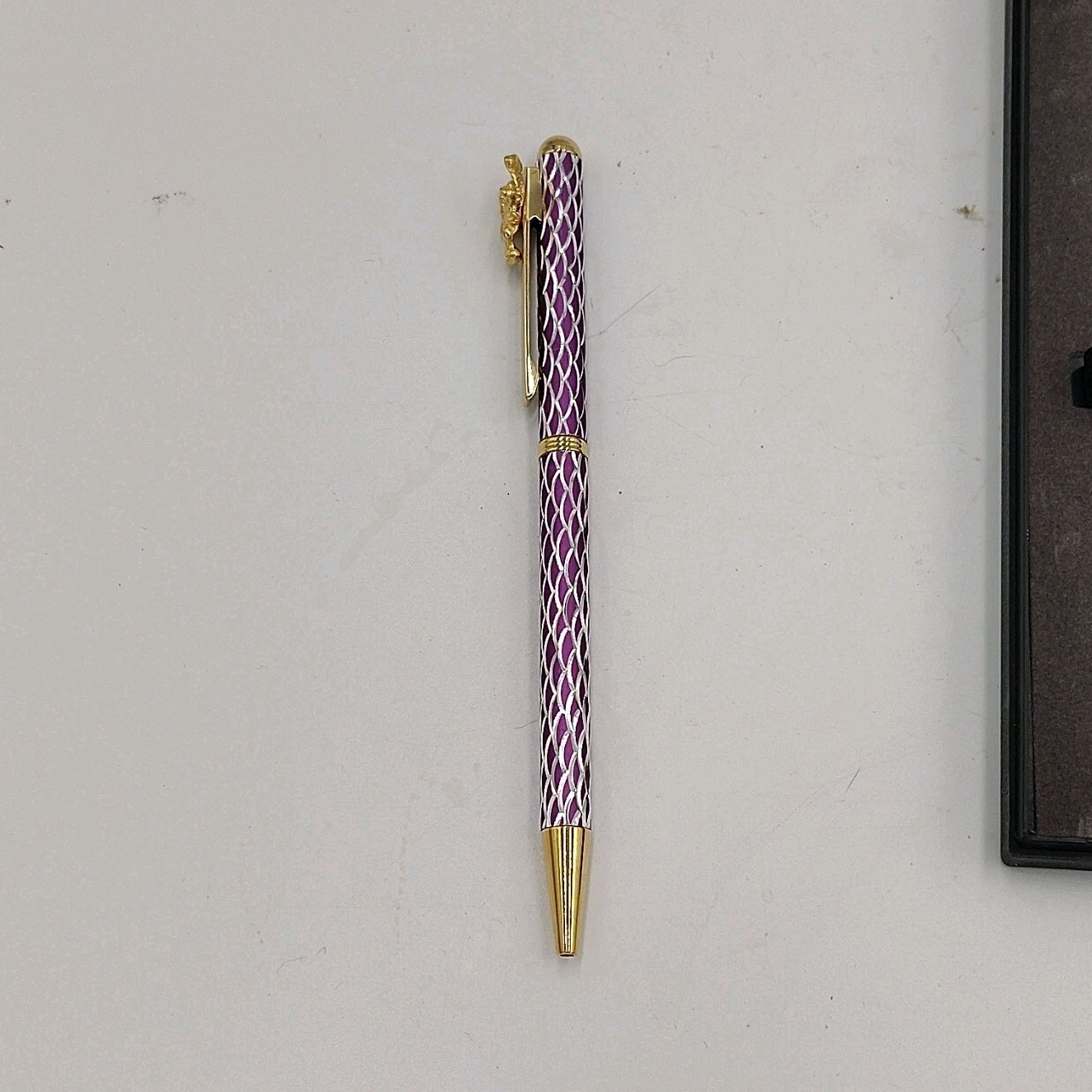 Purple Textured Metal Ballpoint Pen, Gold Trim, Blue Ink, Presentation Box