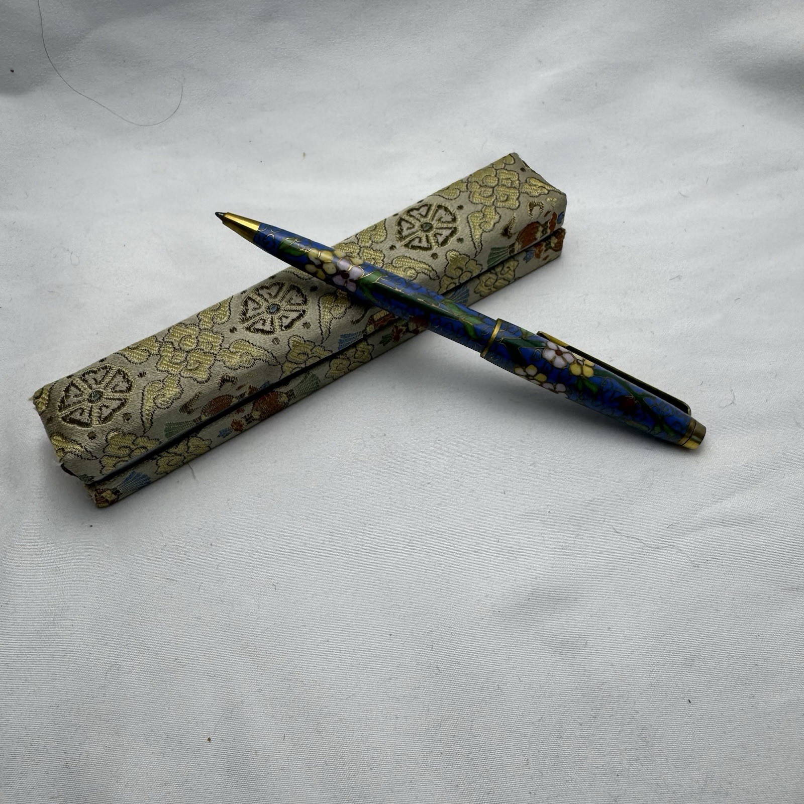 Vintage Cloisonné Enamel Japanese ballpoint Original Box Floral Pattern Blue Ink