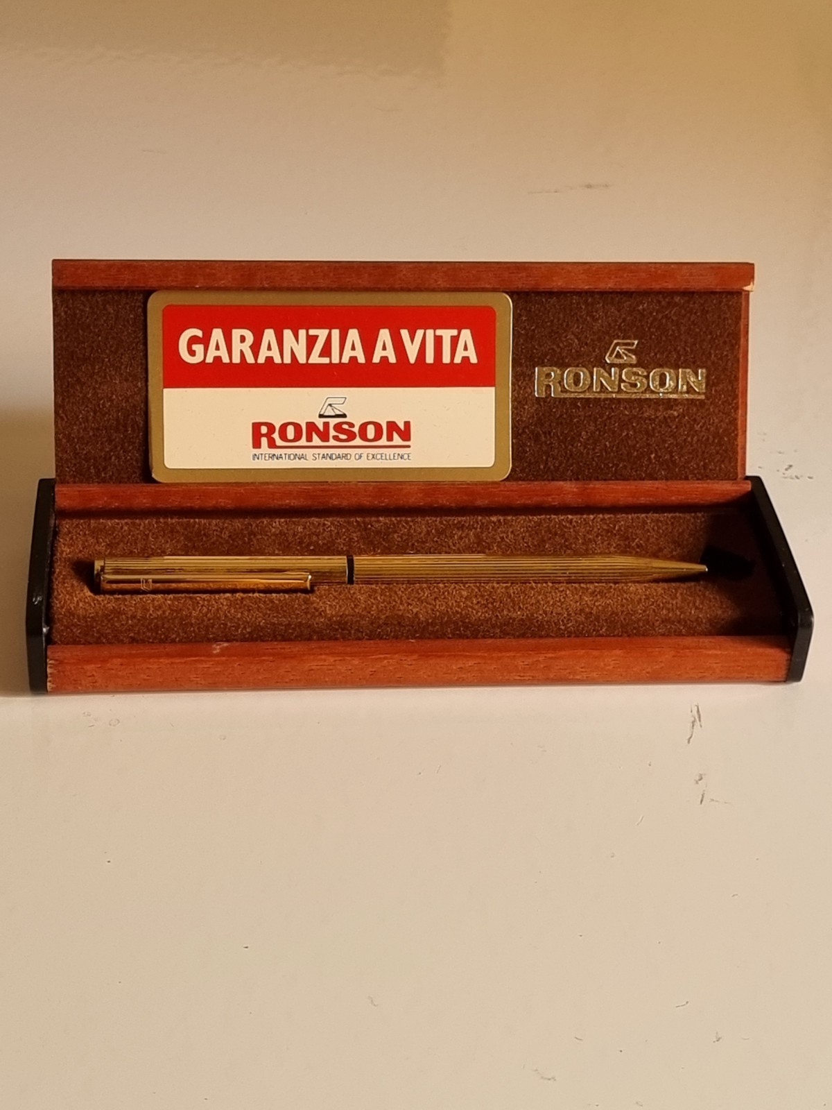 Ronson Gold Plated Ballpoint Pen with Wooden Case – Vintage, with Warranty