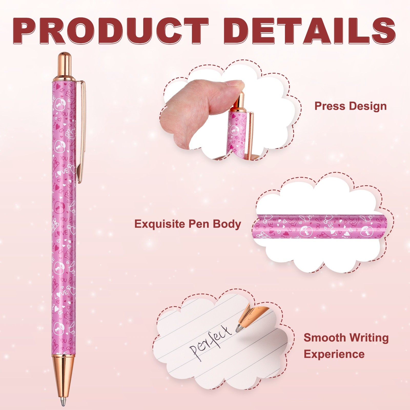 2Pcs Valentine’s Day Pens for Women, 1.0mm Black Ink for Office Gifts, Pink