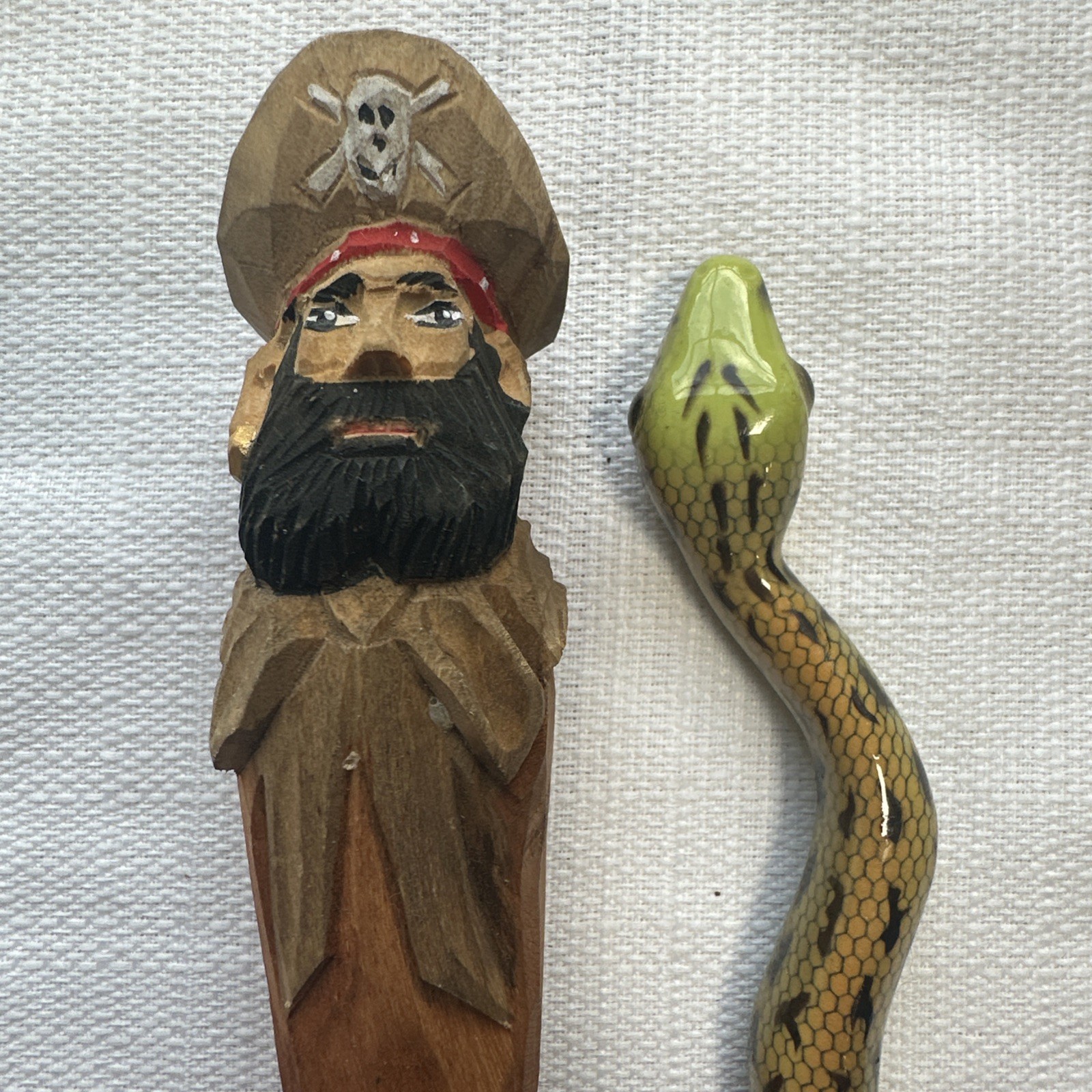 Lot of 2 Vintage Carved Wood Pens – Pirate & Snake Enamel Painted Novelty