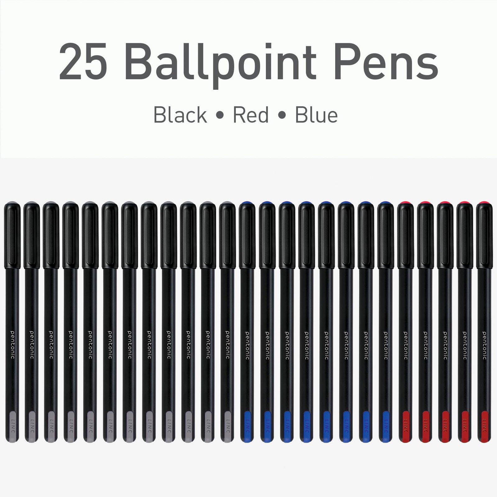 Pentonic 25 Count Ballpoint Pens Set Black Blue Red 0.7mm Fine Point Ink
