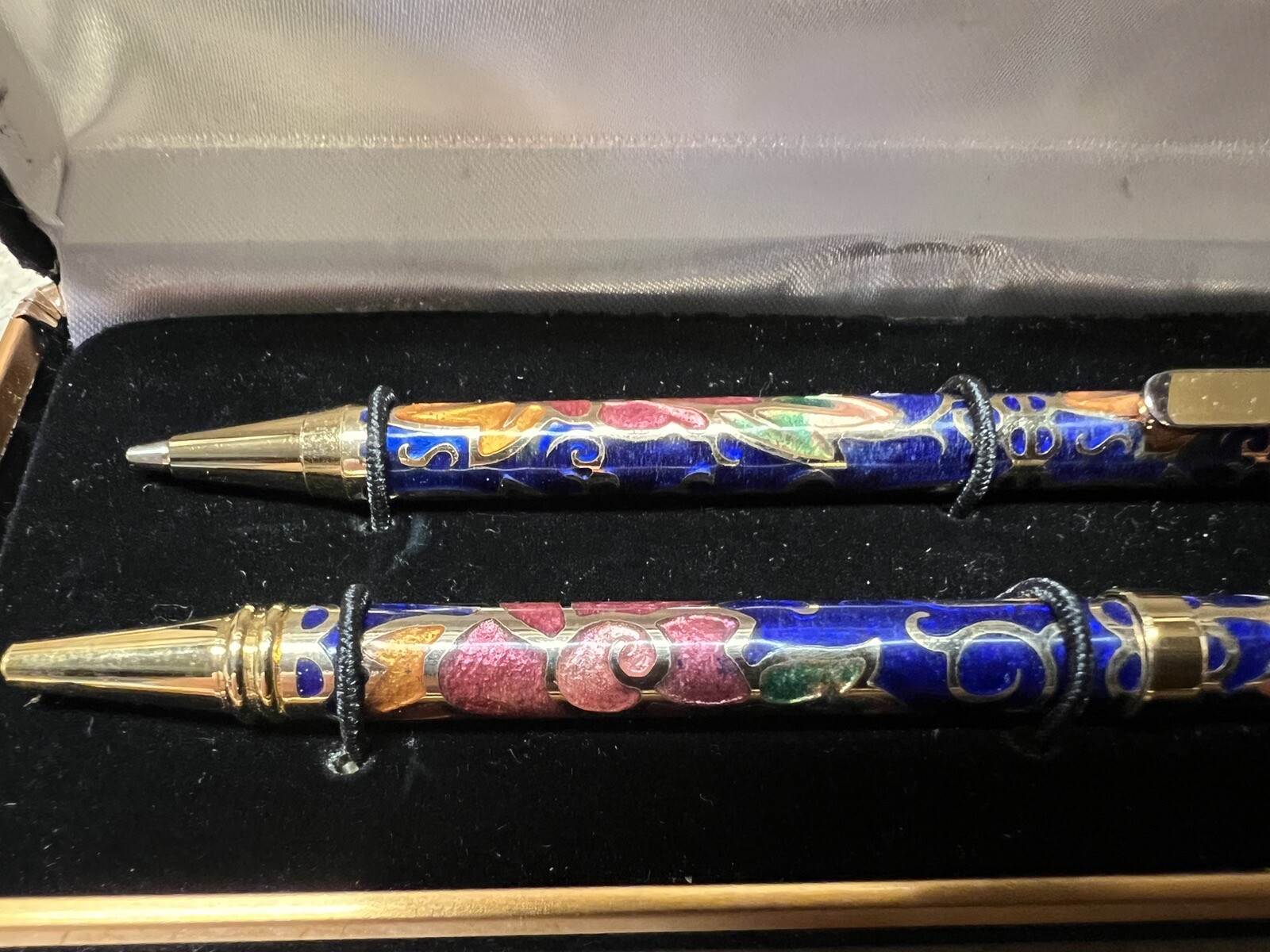 Vintage Cloisonne Blue Floral Enameled Ballpoint Pen and Pencil Set Beautiful