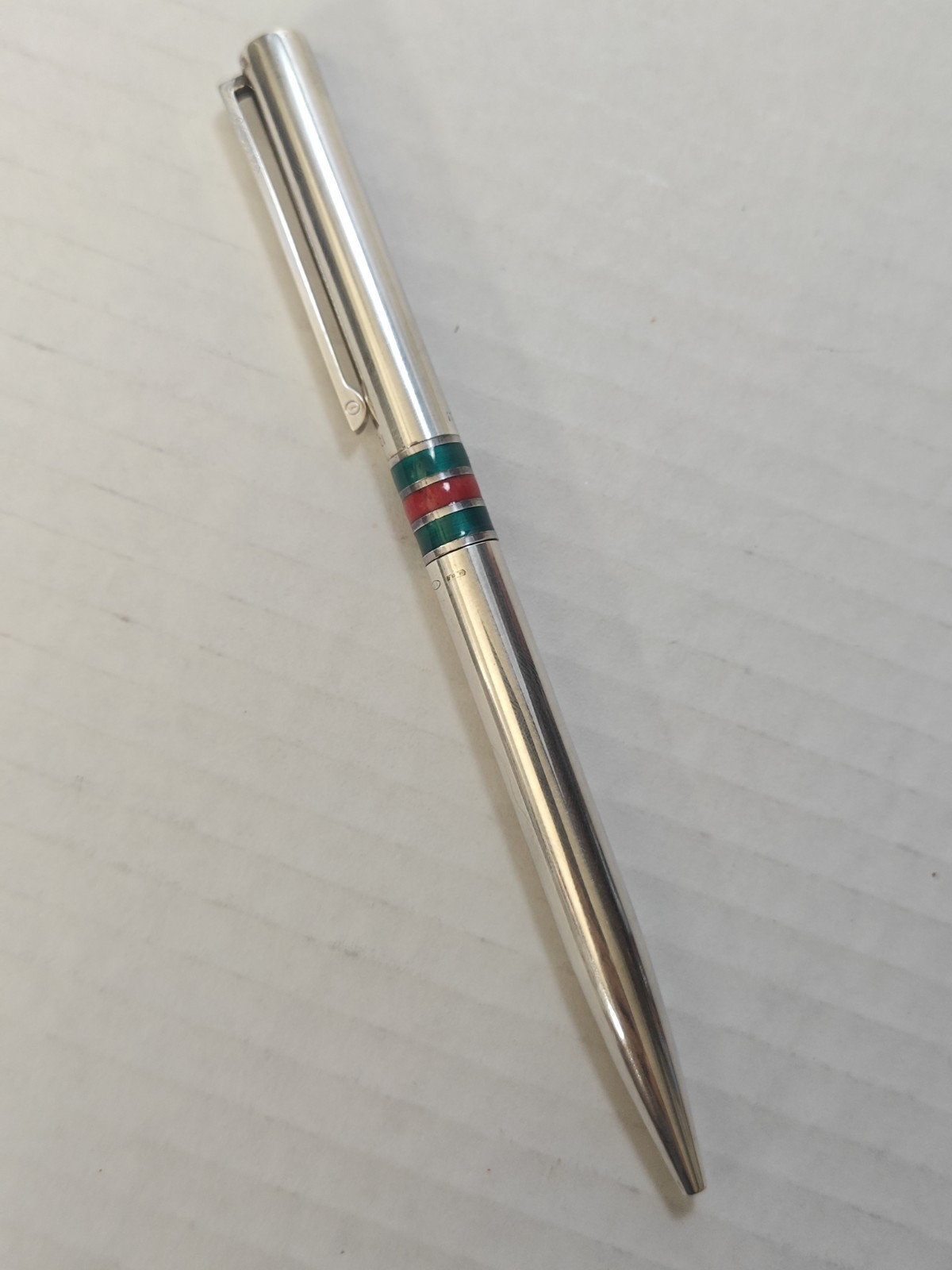 Vintage 1970’s Gucci Sterling Silver Red Green Enamel Stripes Pen W/ Box Italy