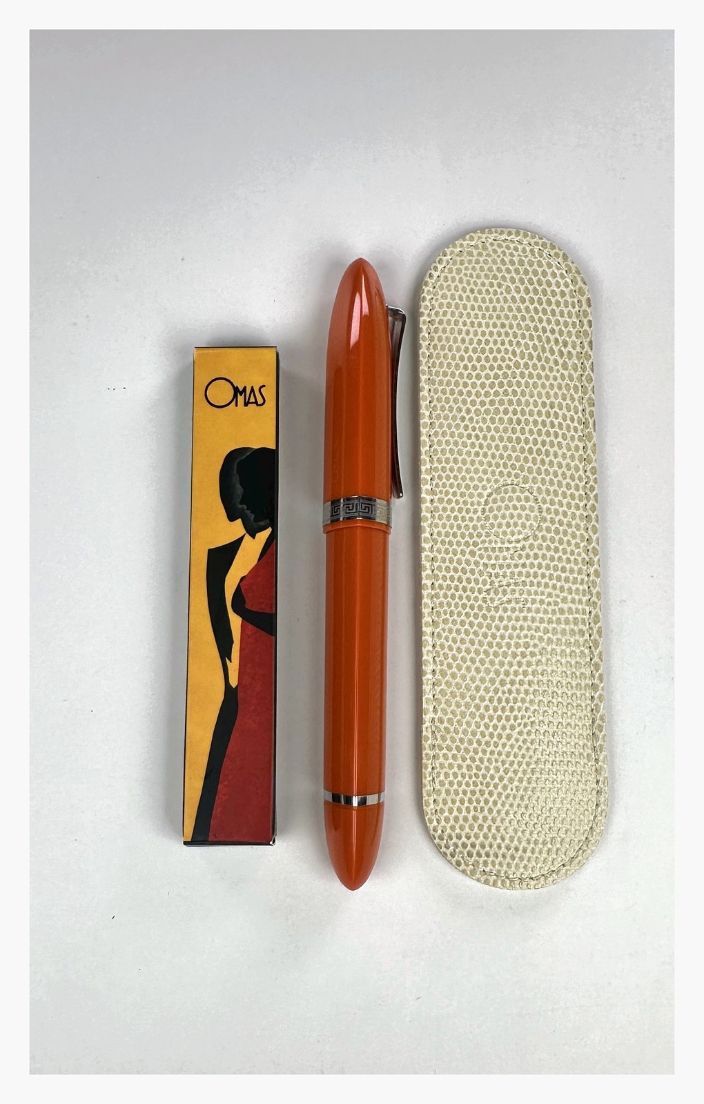 Italian OMAS 360 Orange Ballpoint Pen Silver Trim Triangular Greek Key Band
