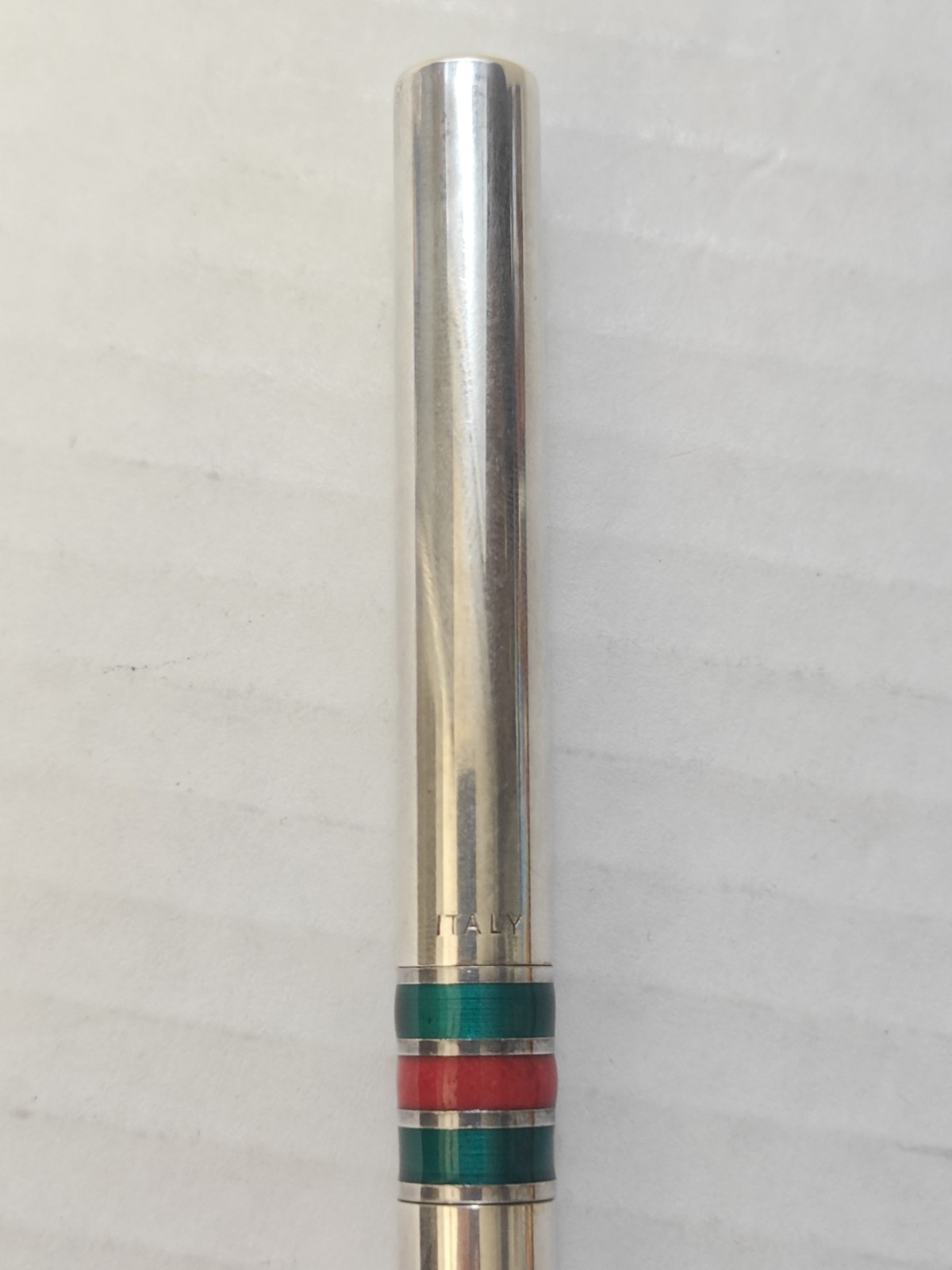 Vintage 1970’s Gucci Sterling Silver Red Green Enamel Stripes Pen W/ Box Italy