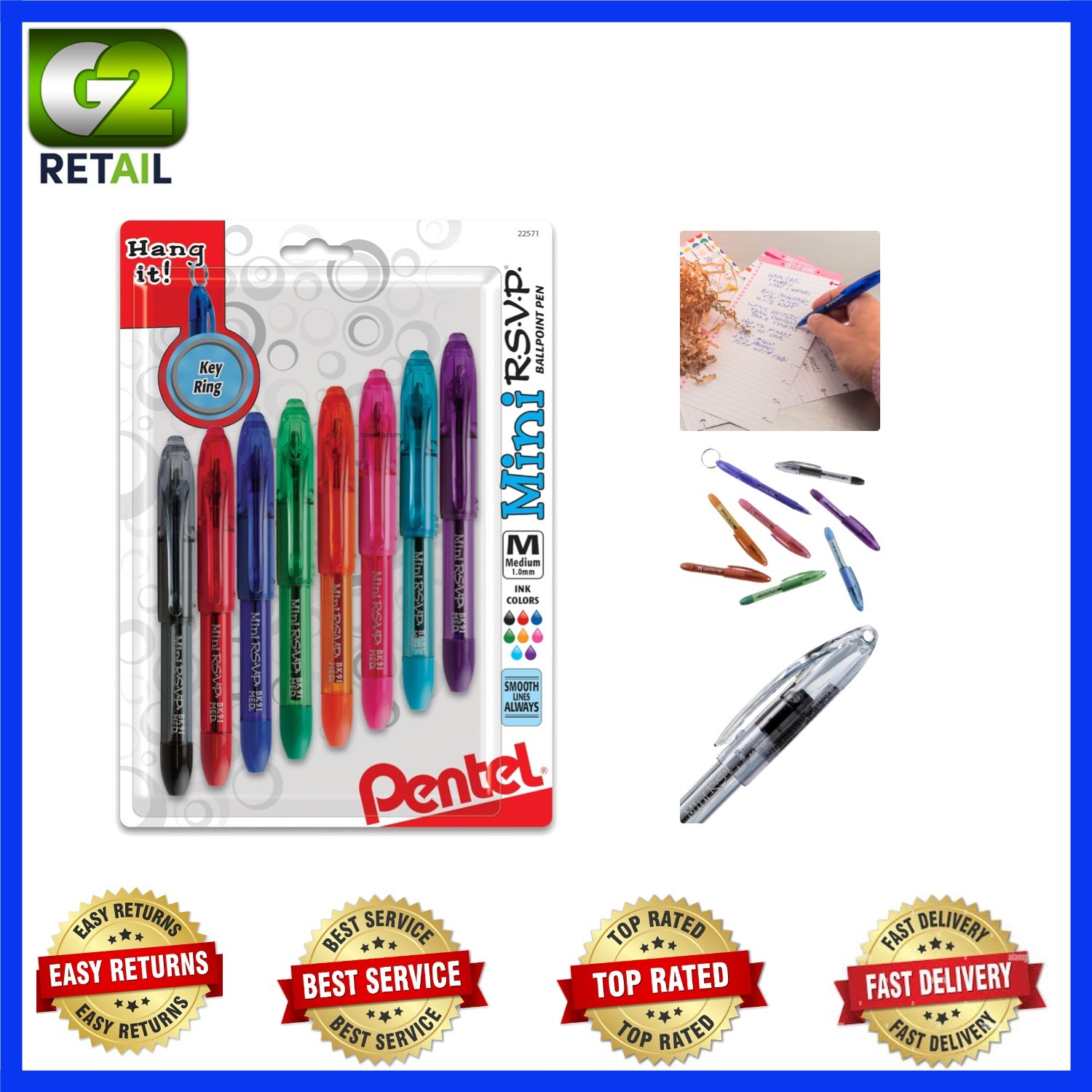 RSVP Mini Ballpoint Pens – Assorted Colors, 1.0mm Pack of 8 with Key Ring