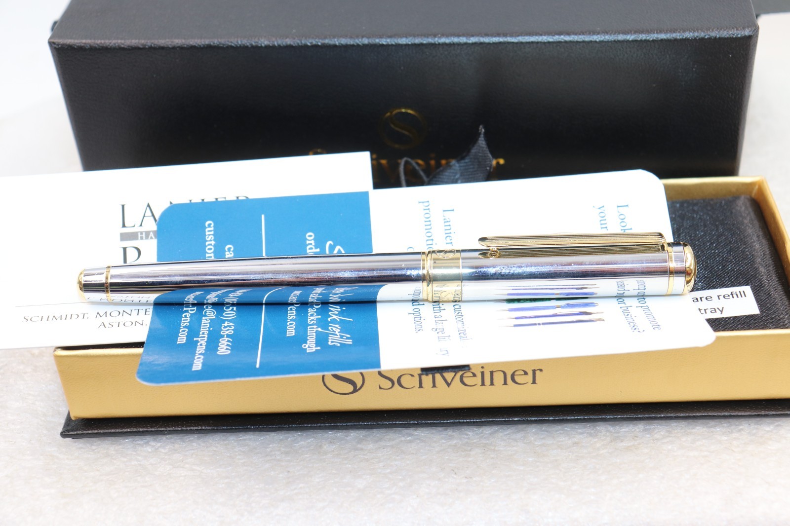 Scriveiner London Silver Gold Roller Ball Luxury Pen Gold Trim with Box