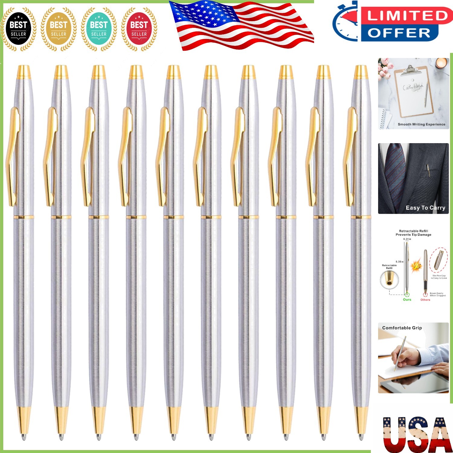 Stylish Black Ballpoint Pens – 10 Mini Retractable Gifts for Any Occasion