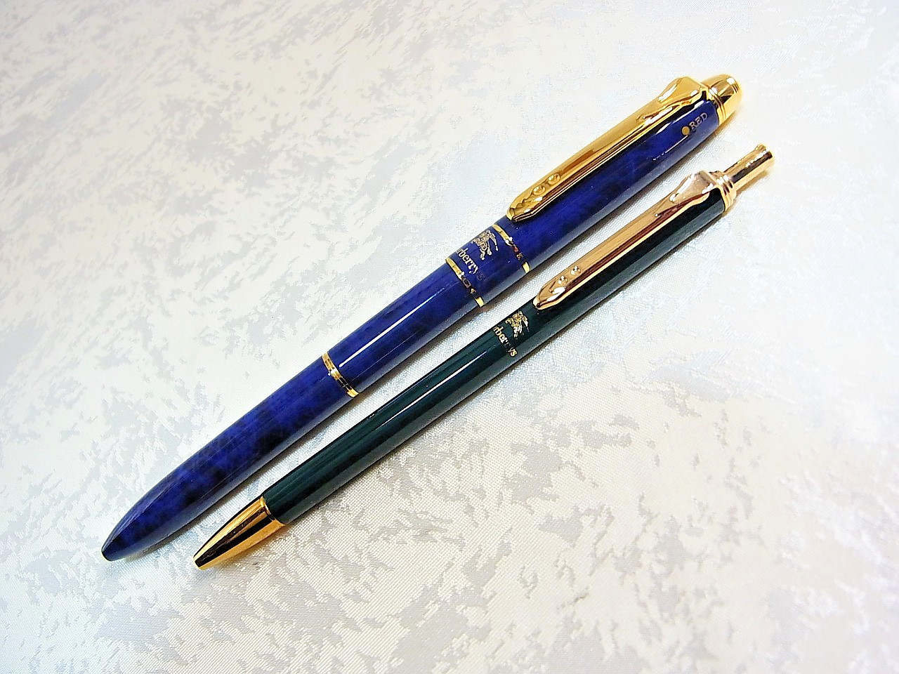 Burberry Blue Marble 3‑color & Green Ballpoint Pen Gold Trim with Box Mint