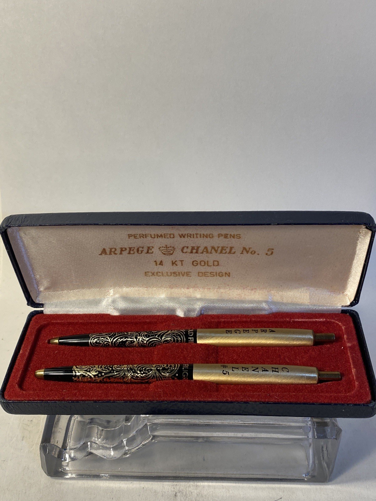 2 Vintage Arpege & Channel No.5 14k Gold Filigree Perfumed Writing Pens w/ Case