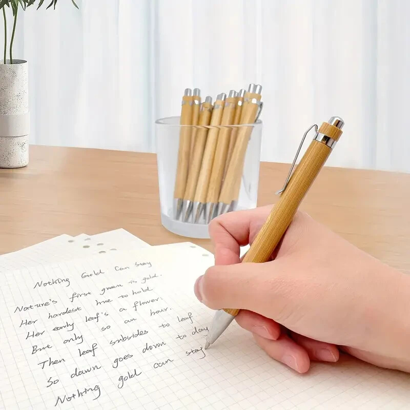6x Bamboo Ballpoint Pen Natural Wood Durable Metal Clip Smooth Writing
