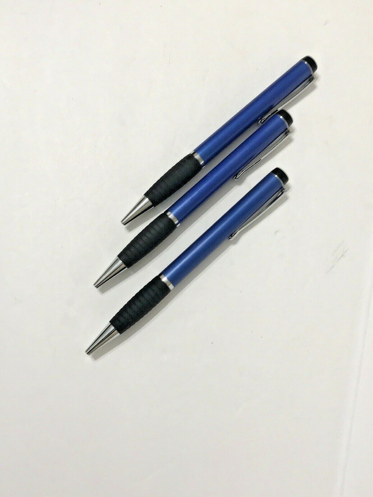 Three Metal Pharmaceutical Drug Rep Pen Pens Blue Black Twist and Write