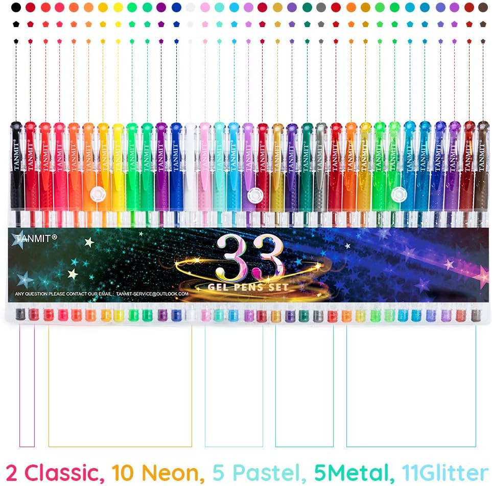 Gel Pens, 33 Color Gel Pen Fine Point Colored Pen Set with 40% More Ink