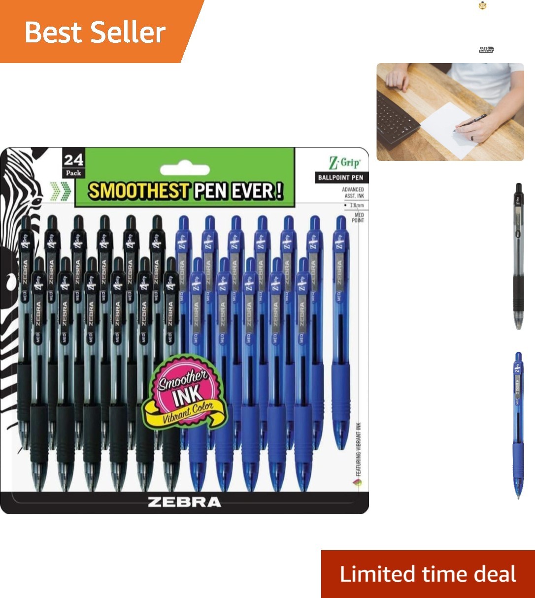 Zebra Z-Grip 1.0mm Ballpoint Pen Set – 12 Black & 12 Blue, Ideal for All Ages