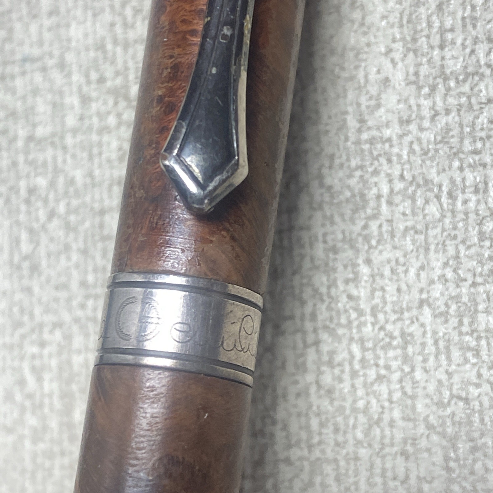 Cesare Emiliano Silver 925 Ballpoint Pen Signed Engraved Briar Wood- Rare Find