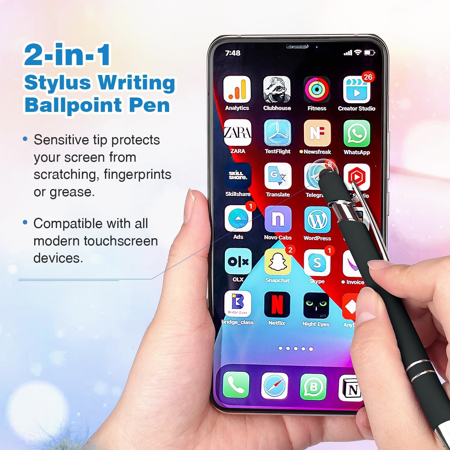 8pc Black Ballpoint Pen 2n1 Stylus-Retractable Metal Pen w/ Stylus Tip for Scree