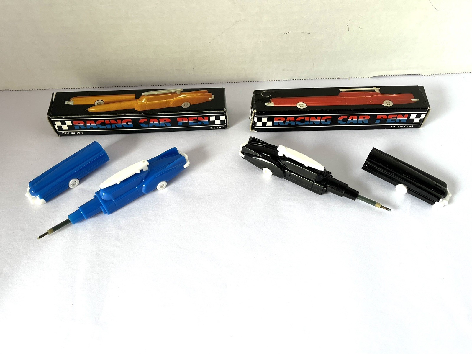 2 Vintage Racing Car Pens In Boxes Blue Black Ink Is Dry