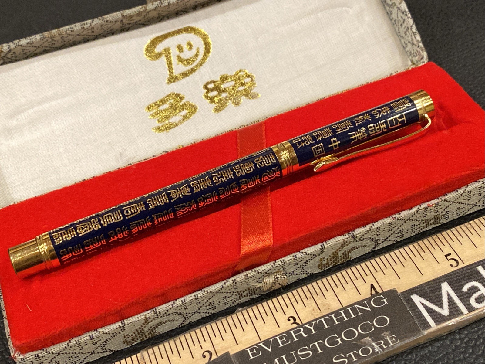 Vtg Chinese China Taraku Ballpoint Chinese Poem Lettering Gold Tone Pocket Clip