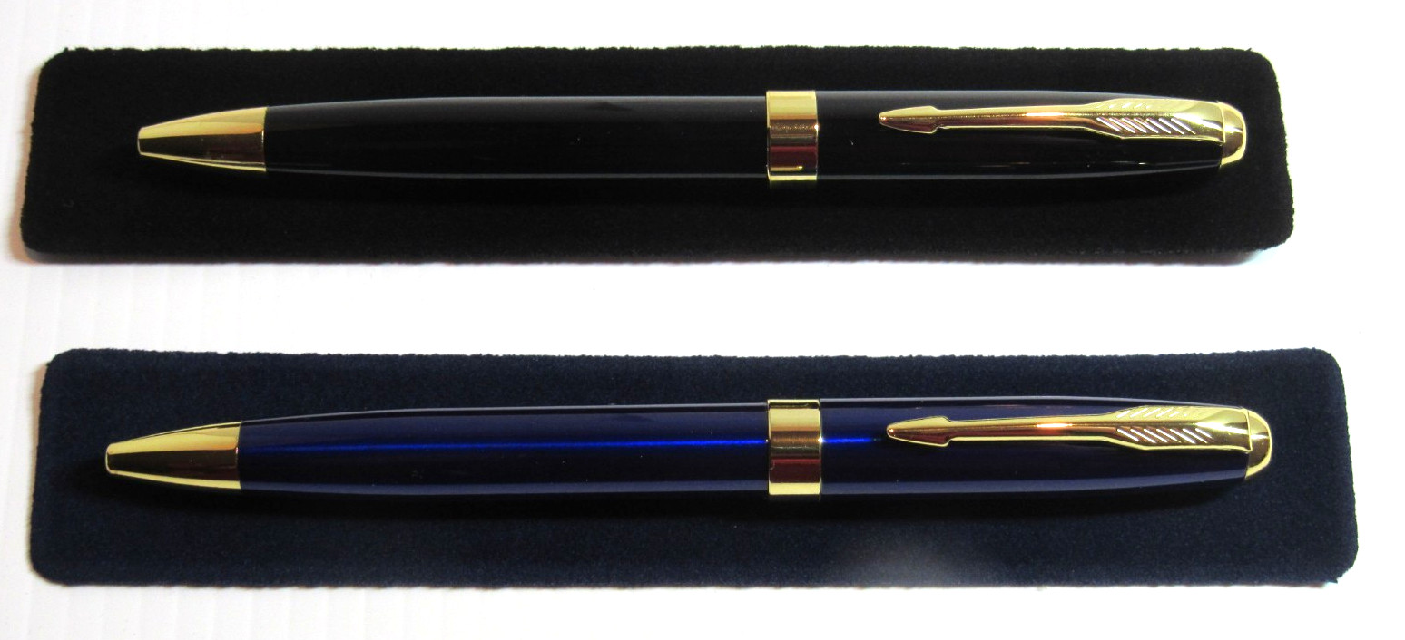SET of 2 TERZETTI SONNET BLACK+BLUE/GOLD TRIM METAL BALLPOINT PENS-LIMITED