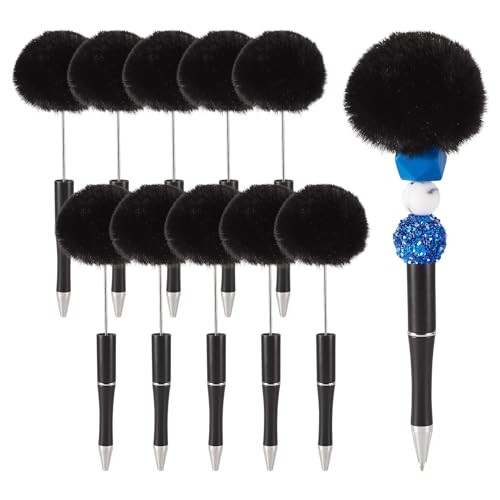 10 Pcs Fluffy Beadable Pens Plush Ball Beaded Pens,Fancy Fuzzy Pom Pom Black